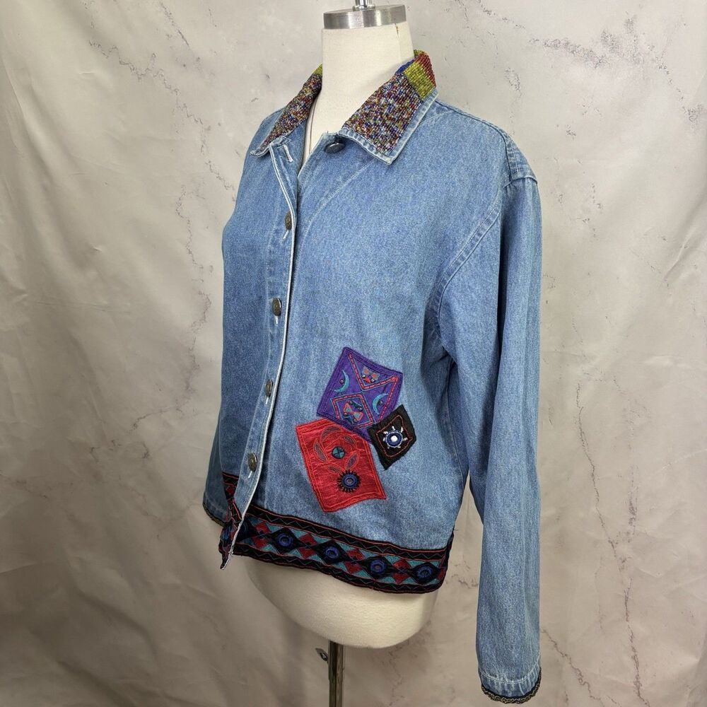 Vintage 90s Patchwork Denim Jacket M Beaded Collar Southwestern Concho Artsy L - Picture 10 of 16